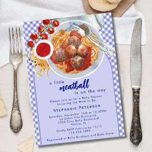 A Little Meatball Is On The Way Blue Baby Shower Invitation