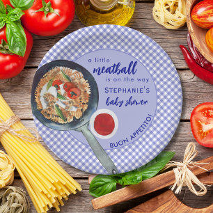 A Little Meatball Is On The Way Blue Baby Shower Paper Plate