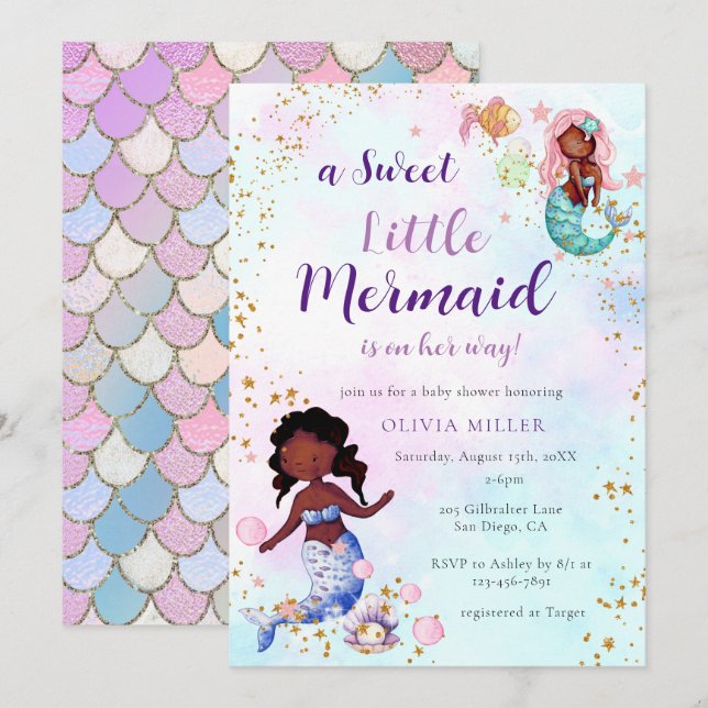 A Little Mermaid African American Baby Shower  Invitation (Front/Back)