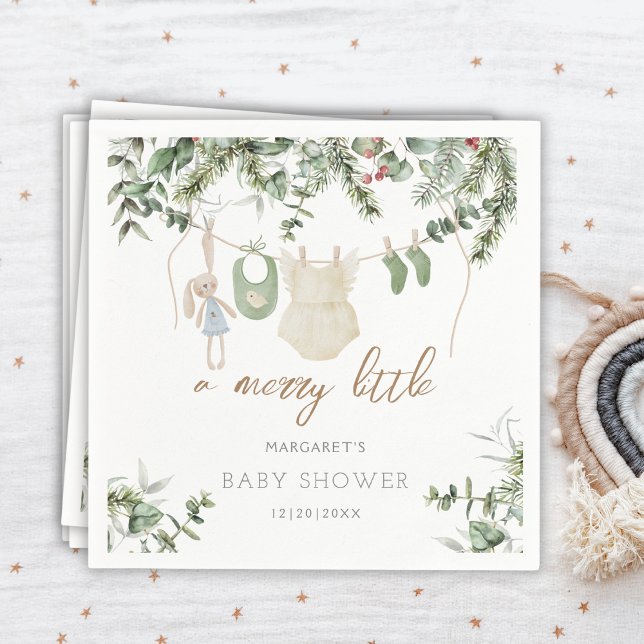 A Little Merry | Boho Girl Winter Baby Shower Napkin (Creator Uploaded)