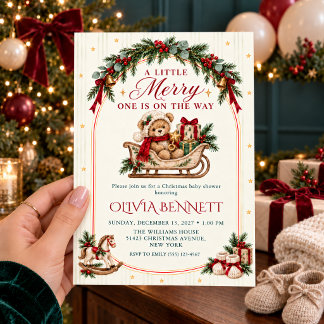 A Little Merry Christmas Baby Shower Teddy Bear Invitation