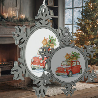 A little mouse in a red car carries New Year's hol Snowflake Pewter Christmas Ornament