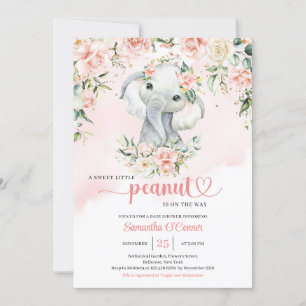 A little peanut baby elephant blush floral gold invitation