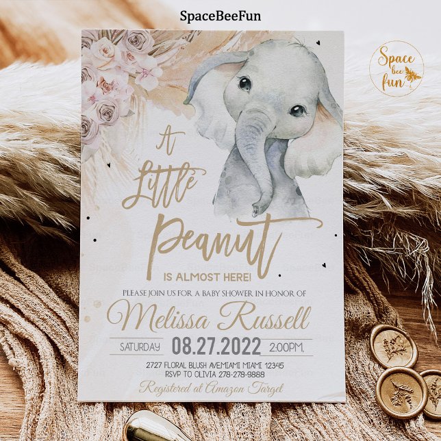 A Little Peanut Elephant baby shower Boho Safari  Invitation (Safari invites,Elephant invite,boho Baby Shower,Invitation,Girl Safari,Elephant Invites,A little pea)