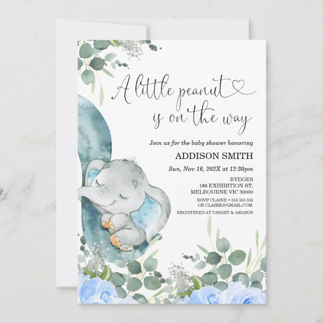 A Little Peanut Floral Elephant Baby Shower Invitation (Front)