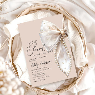 A Little Pearl Is On The Way Beige Bow Baby Shower Invitation