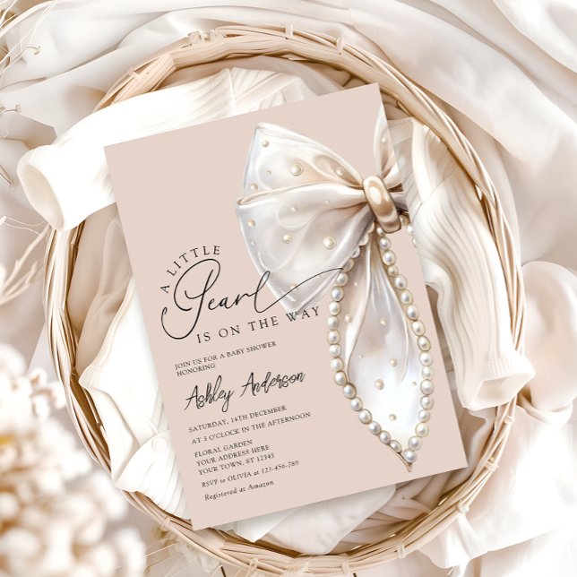 A Little Pearl Is On The Way Beige Bow Baby Shower Invitation (Creator Uploaded)
