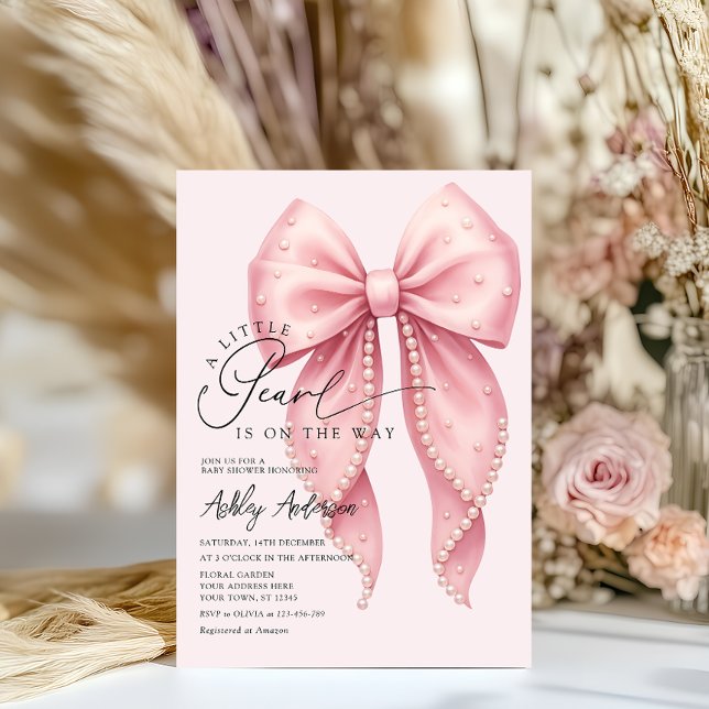 A Little Pearl Is On The Way Pink Bow Baby Shower Invitation (Creator Uploaded)