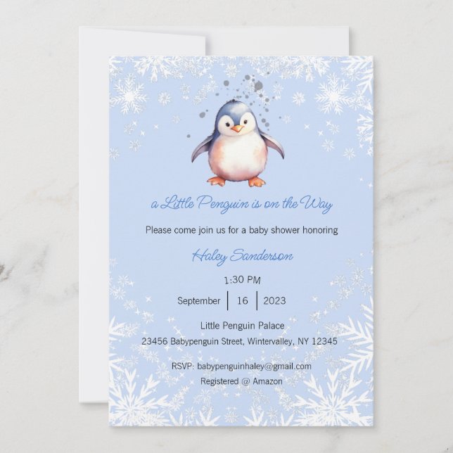 A Little Penguin is on the Way Invitation, Baby Invitation (Front)