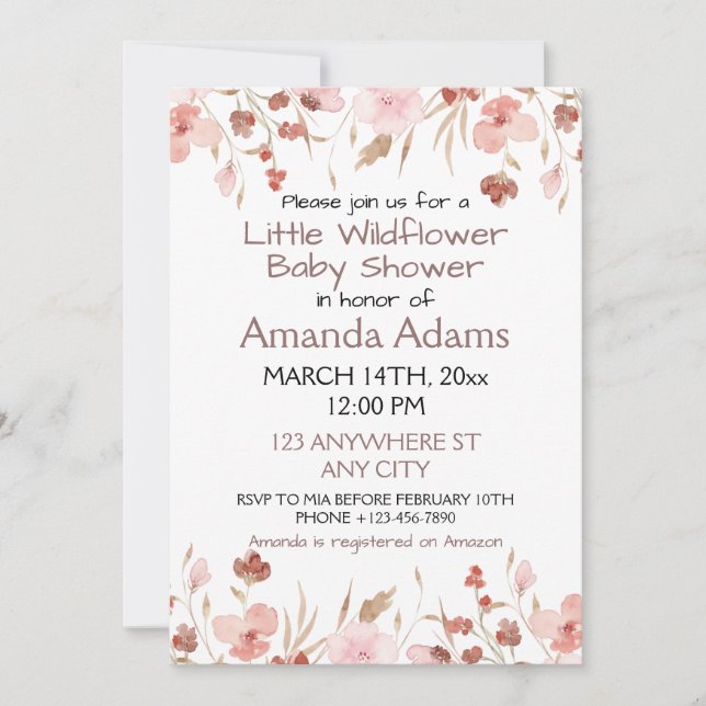 A Little Pink Wildflower Girl Baby Shower Invitation (Front)