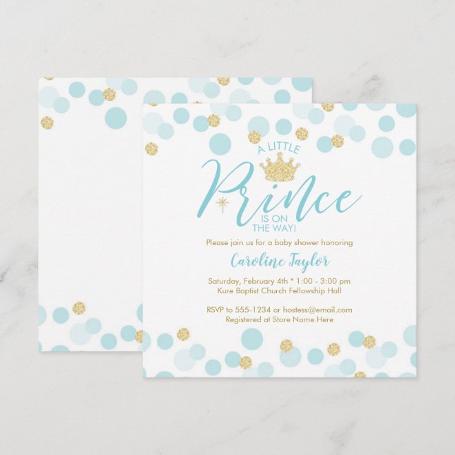 A Little Prince Baby Shower Blue Gold Glitter Invitation (Front/Back)