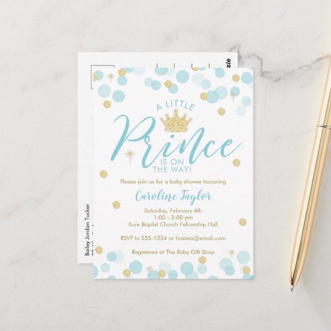 A Little Prince Baby Shower Blue Gold Glitter Postcard (Front/Back In Situ)