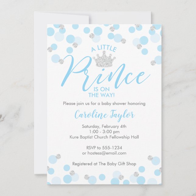 A Little Prince Baby Shower Blue Silver Glitter Invitation (Front)