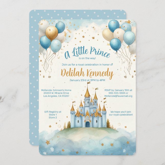 A Little Prince Castle and Balloon Baby Shower  Invitation (Front/Back)
