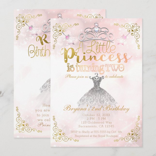 A Little Princess turning TWO 2nd Birthday Party Invitation (Front/Back)