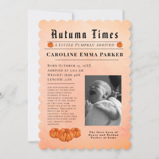 A little pumpkin arrived Autumn Birth Announcement