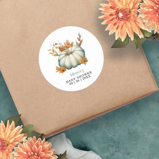 A Little Pumpkin Autumn Fall Floral Baby Shower Classic Round Sticker (A Little Pumpkin Autumn Fall Floral Baby Shower Classic Round Sticker)