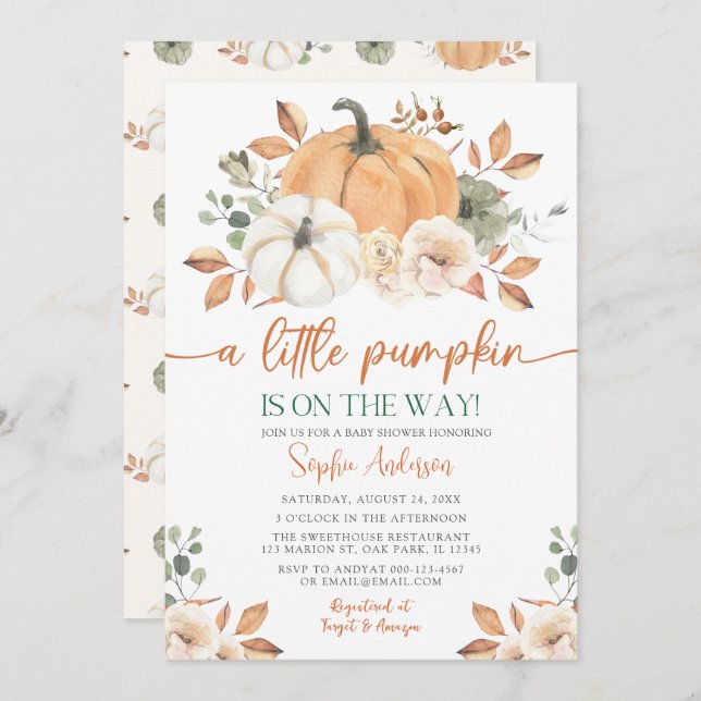 A Little Pumpkin Autumn Fall Floral Baby Shower Invitation (Front/Back)