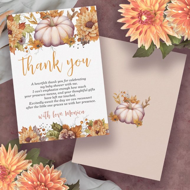 A Little Pumpkin Autumn Fall Floral Baby Shower Thank You Card (A Little Pumpkin Watercolor Girl Pink Baby Shower Thank You Card)