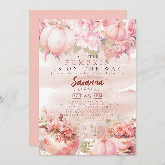 A Little Pumpkin Autumn Fall Floral pink birthday Invitation (Front/Back)