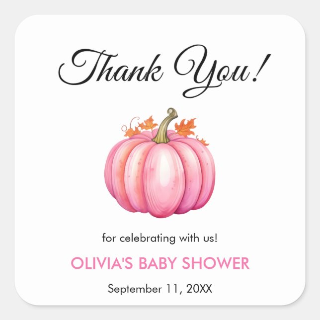 A Little Pumpkin Autumn Fall Pink Girl Baby Shower Square Sticker (Front)