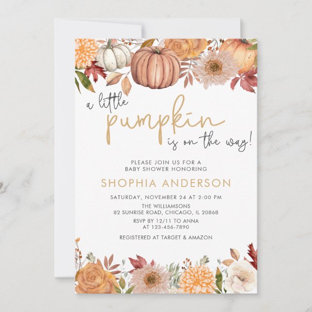 A Little Pumpkin Autumn Floral Fall Baby Shower Invitation (Front)