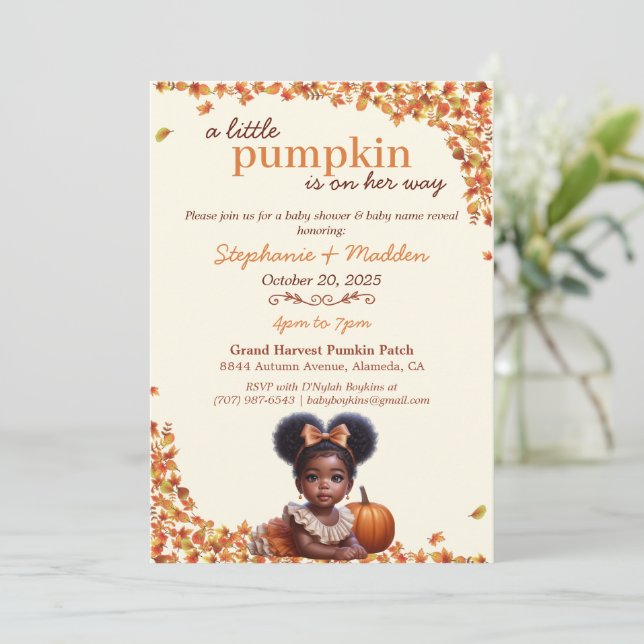 A Little Pumpkin Baby Girl Afro Puff & Autumn Invitation (Standing Front)