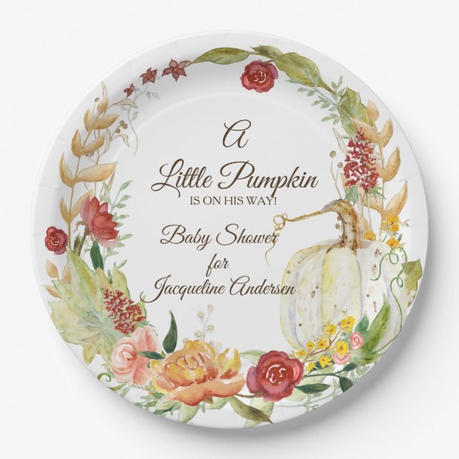 A Little Pumpkin Baby Shower Fall Autumn Floral Paper Plate (Front)