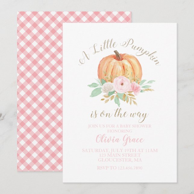 A Little Pumpkin Baby Shower floral and pink plaid Invitation (Front/Back)