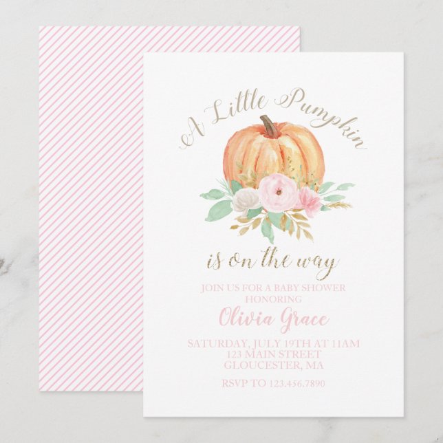 A Little Pumpkin Baby Shower floral pink stripes Invitation (Front/Back)