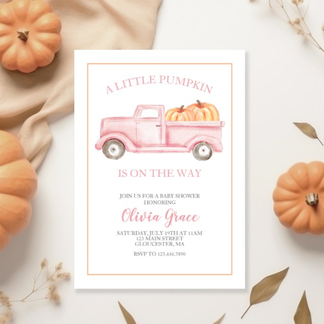 A Little Pumpkin Baby Shower Pink Truck Invitation (Creator Uploaded)