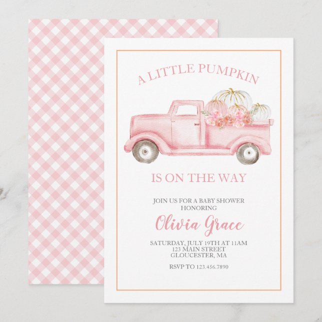 A Little Pumpkin Baby Shower Pink Truck Invitation (Front/Back)