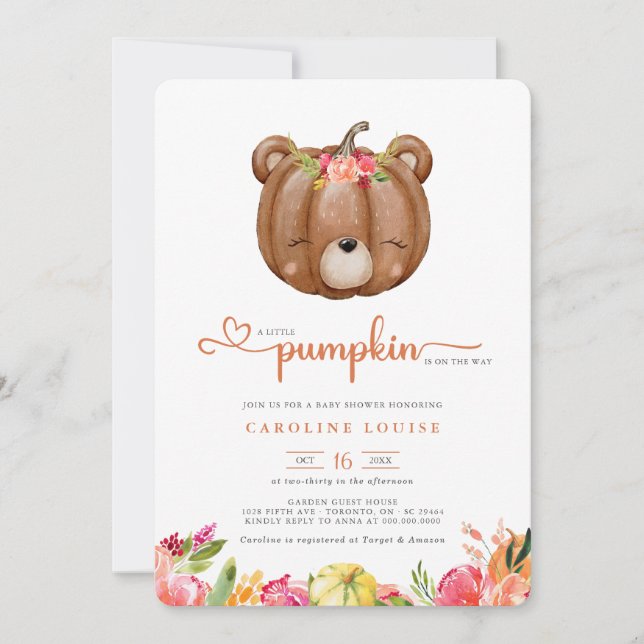 A Little Pumpkin Bear Is On The Way Baby Shower  Invitation (Front)