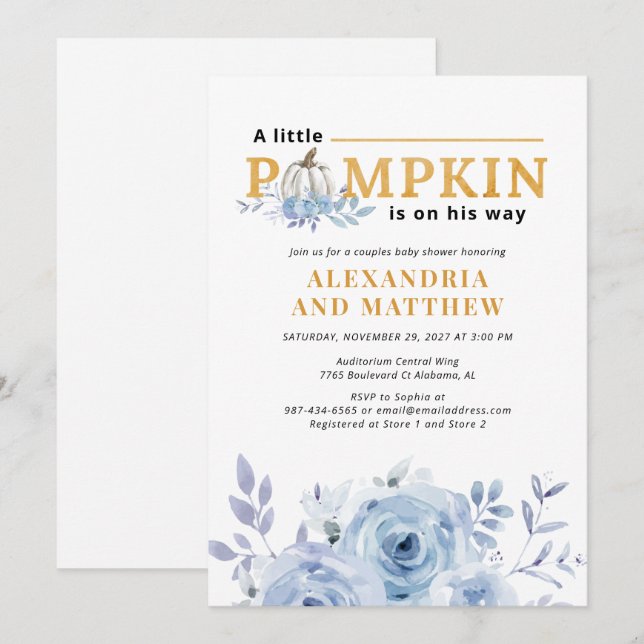 A Little Pumpkin Blue Lilac Boys Baby Shower Flora Invitation (Front/Back)