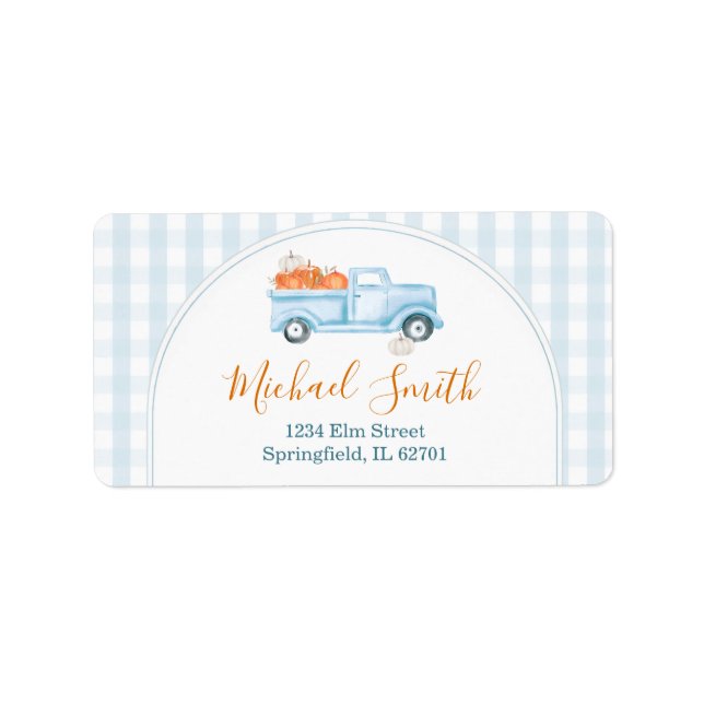 A Little Pumpkin Blue Truck Baby Shower Address Label (Front)