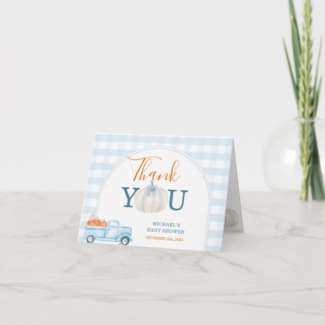 A Little Pumpkin Blue Truck Baby Shower Folded Thank You Card (Front)