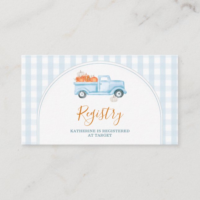 A Little Pumpkin Blue Truck Baby Shower Registry Enclosure Card (Front)