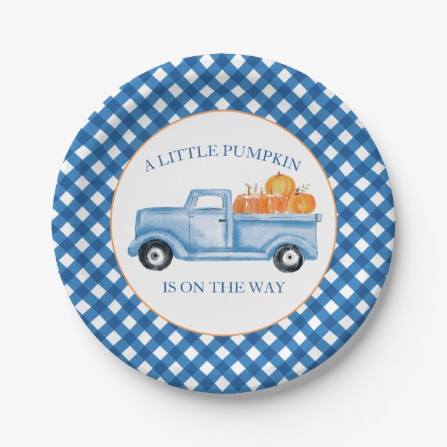 A Little Pumpkin blue truck fall baby shower Paper Paper Plate (Front)