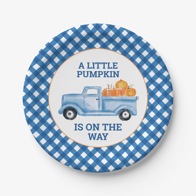A Little Pumpkin blue truck fall baby shower Paper Plate (Front)