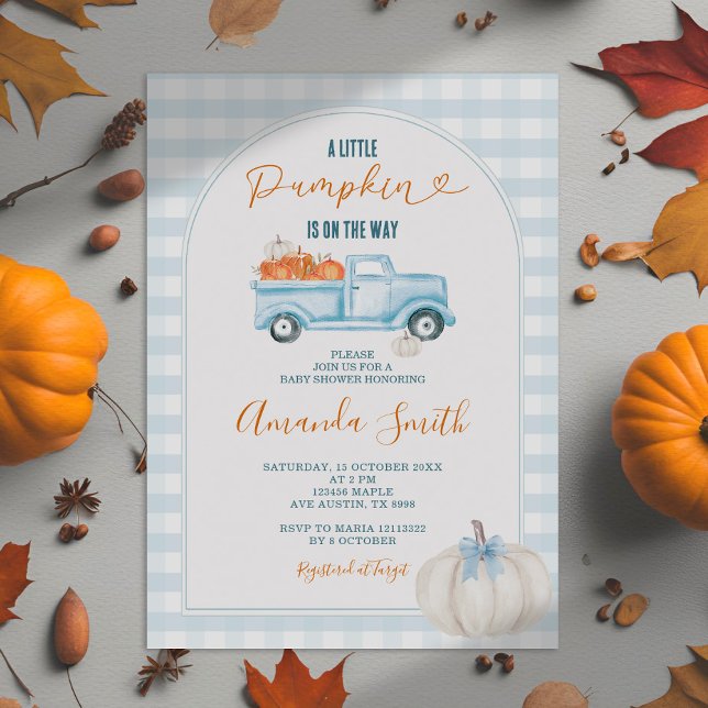 A Little Pumpkin Blue Truck Gingham Baby Shower Invitation (Creator Uploaded)