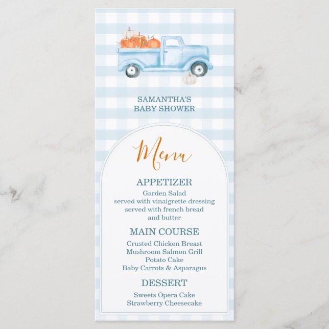 A Little Pumpkin Blue Truck Gingham Baby Shower Menu (Front)