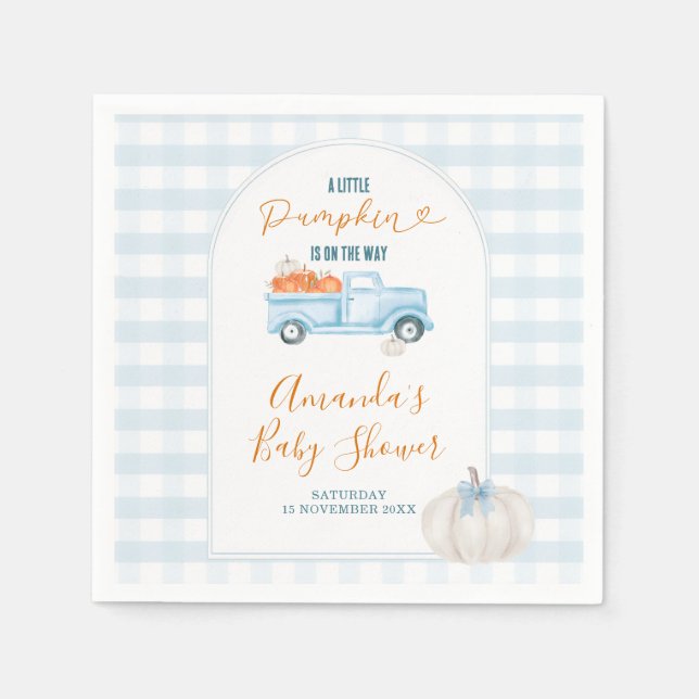 A Little Pumpkin Blue Truck Gingham Baby Shower Napkin (Front)