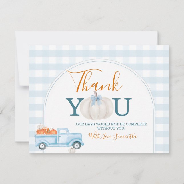 A Little Pumpkin Blue Truck Gingham Baby Shower Thank You Card (Front)