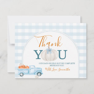 A Little Pumpkin Blue Truck Gingham Baby Shower Thank You Card