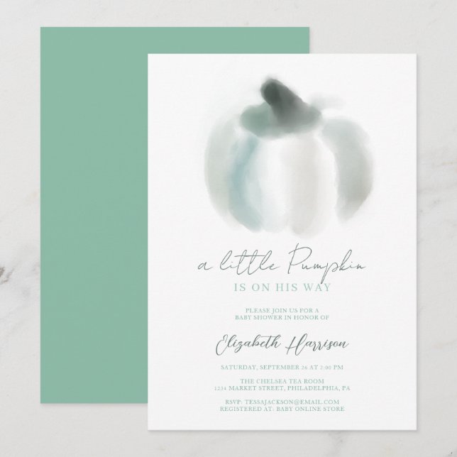A Little Pumpkin Blue Watercolor Baby Boy Shower Invitation (Front/Back)