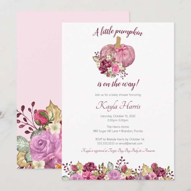A little pumpkin blush & burgundy fall baby shower invitation (Front/Back)