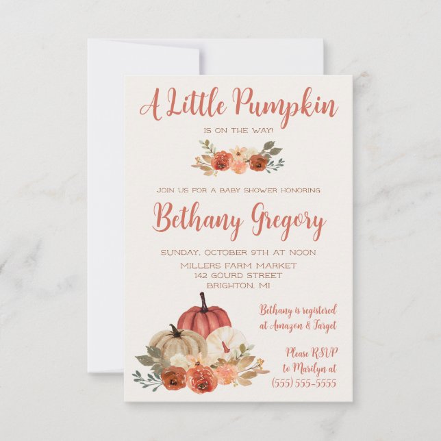 A Little Pumpkin Blush Floral Swash Baby Shower Invitation (Front)