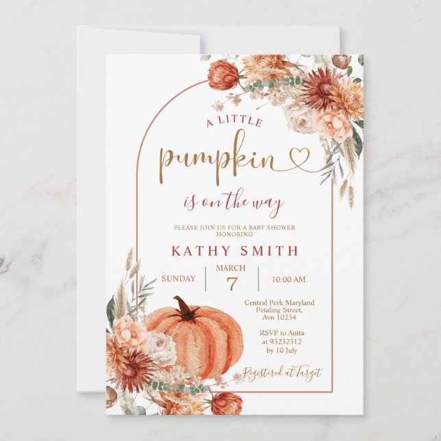 A Little Pumpkin Boho Arch Fall Flower Baby Shower Invitation (Front)