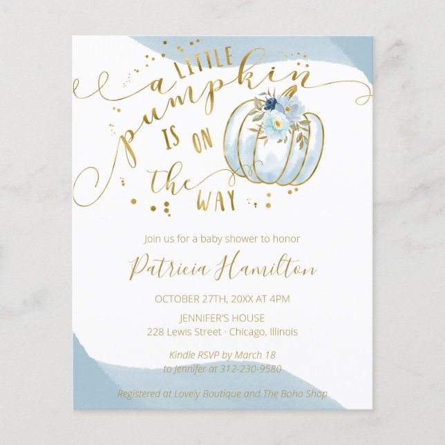 A Little Pumpkin Budget Boy Baby Shower Invitation (Front)