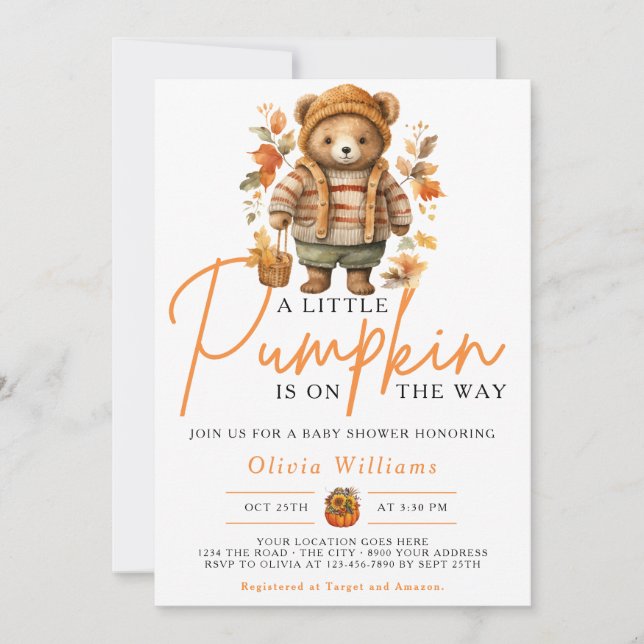A Little Pumpkin Fall Autumn CUTE BEAR Baby Shower Invitation (Front)